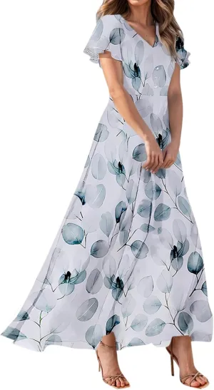 Summer Dresses for Women 2025,Elegant Chiffon Floral Boho Dress Semi Wedding Guest Dresses Floral Church Dress
