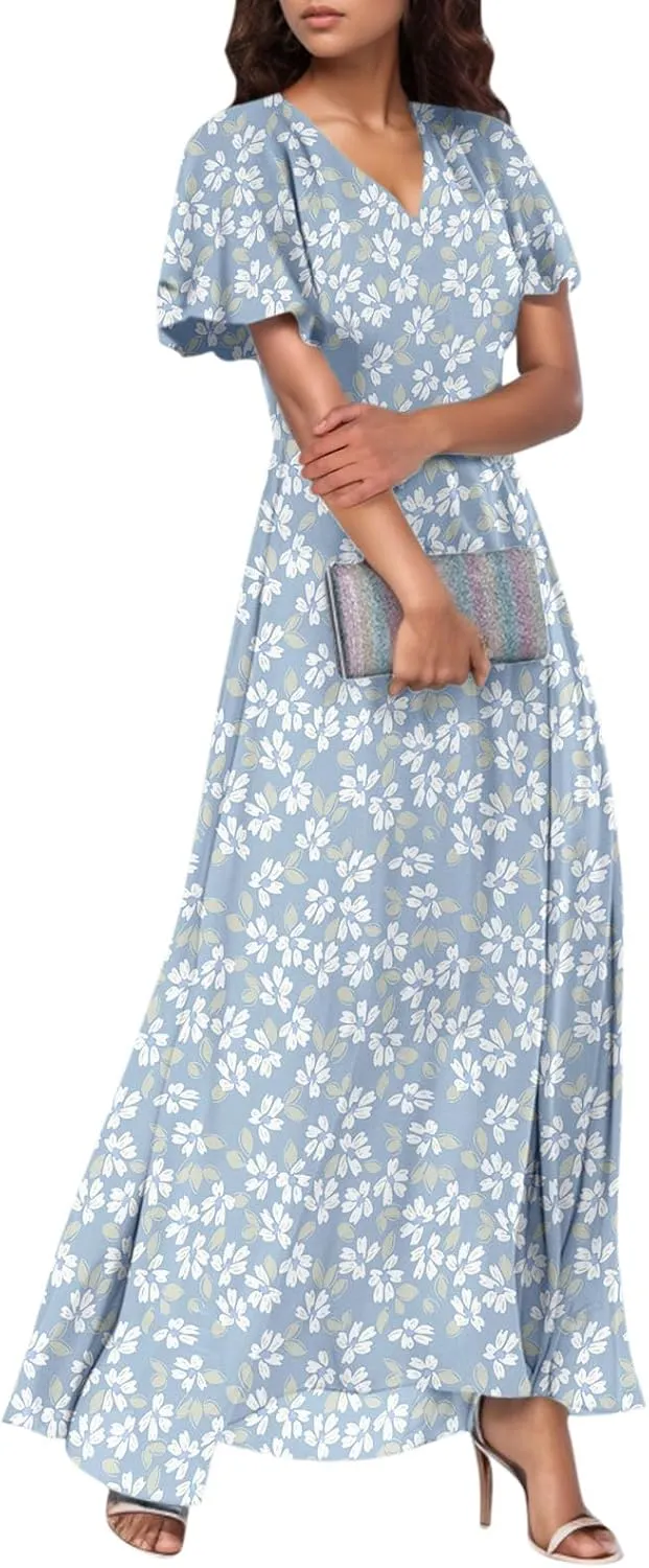 Summer Dresses for Women 2025,Elegant Chiffon Floral Boho Dress Semi Wedding Guest Dresses Floral Church Dress