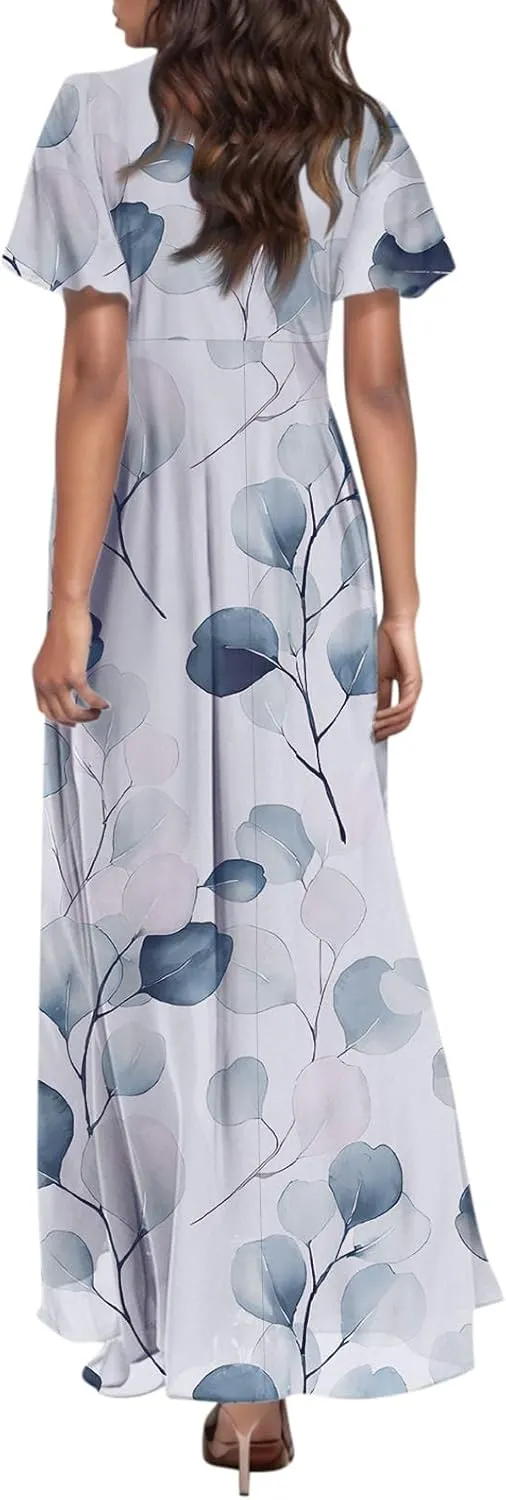 Summer Dresses for Women 2025,Elegant Chiffon Floral Boho Dress Semi Wedding Guest Dresses Floral Church Dress