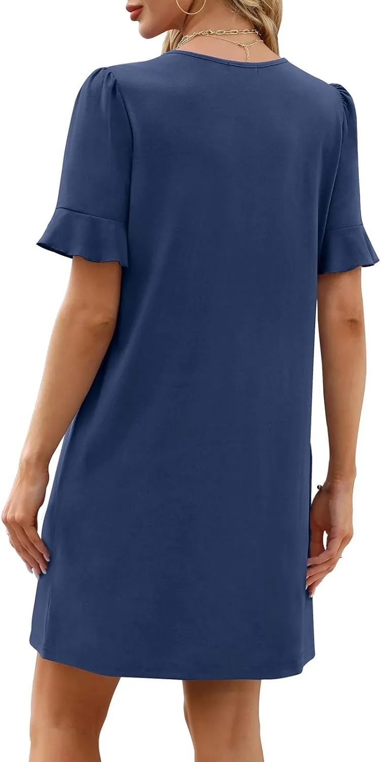 Summer Dresses for Women Ruffle Short Sleeve Dress Casual V Neck Shift Dress Work Beach Short Sundress with Pockets