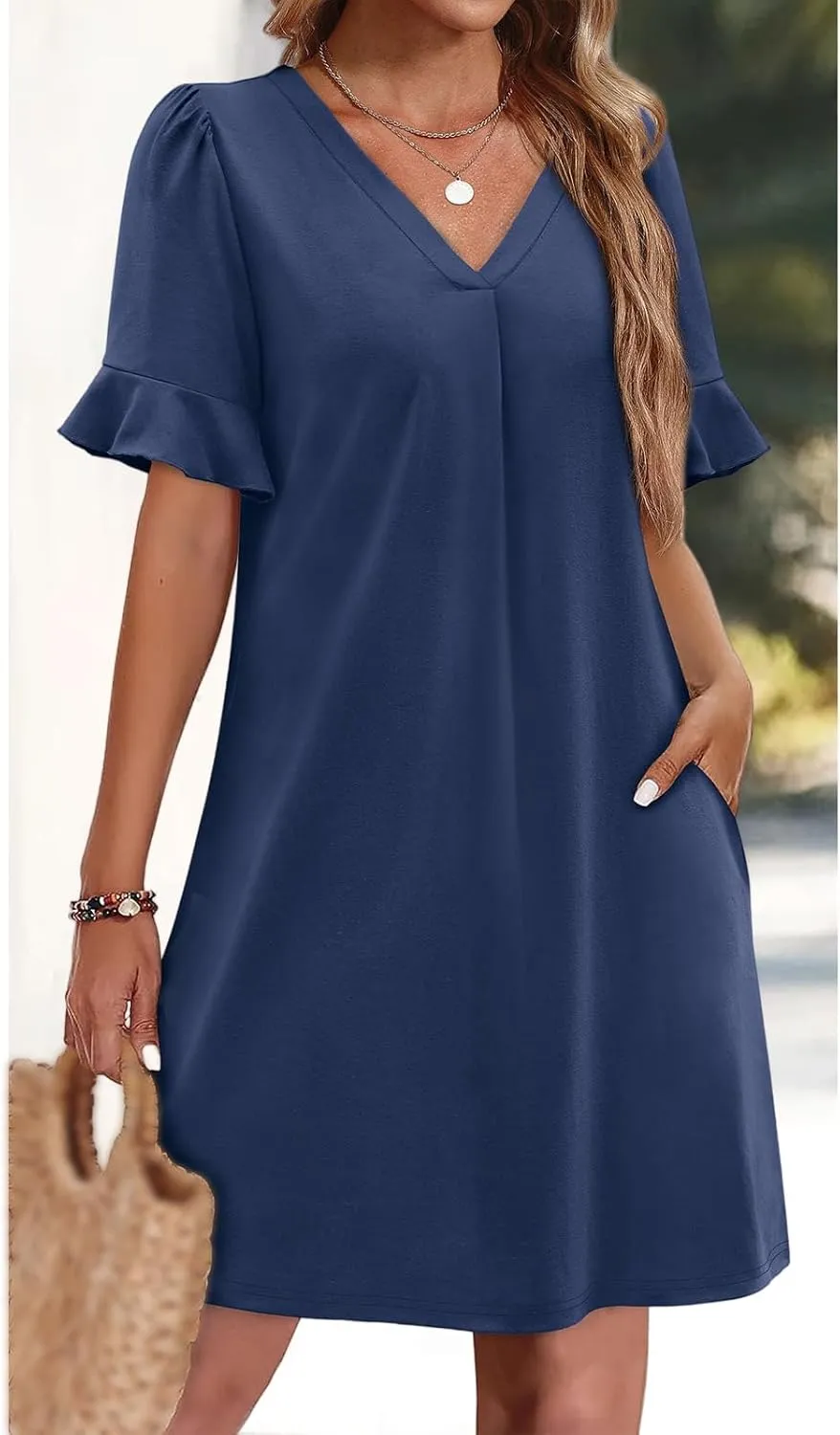 Summer Dresses for Women Ruffle Short Sleeve Dress Casual V Neck Shift Dress Work Beach Short Sundress with Pockets