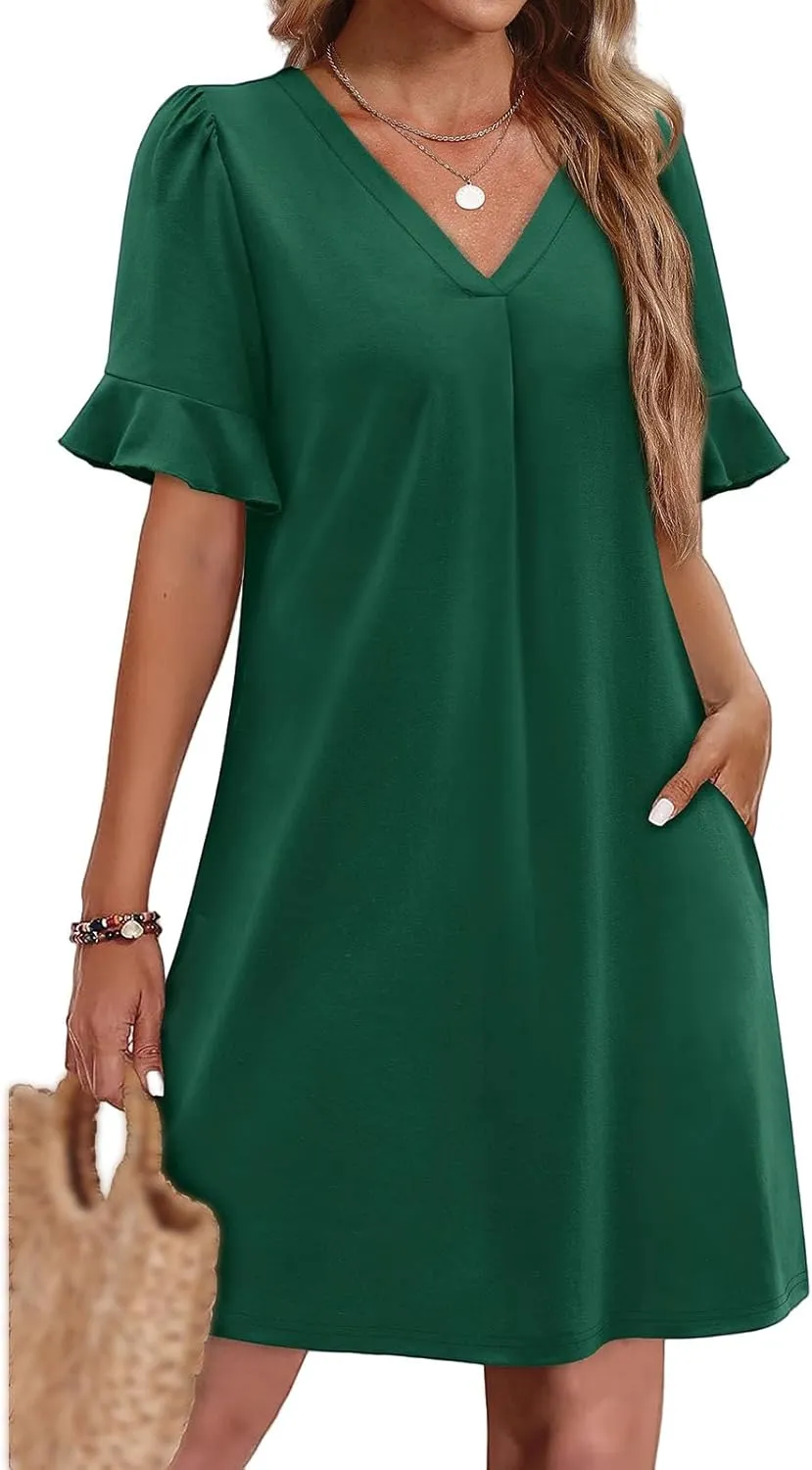 Summer Dresses for Women Ruffle Short Sleeve Dress Casual V Neck Shift Dress Work Beach Short Sundress with Pockets