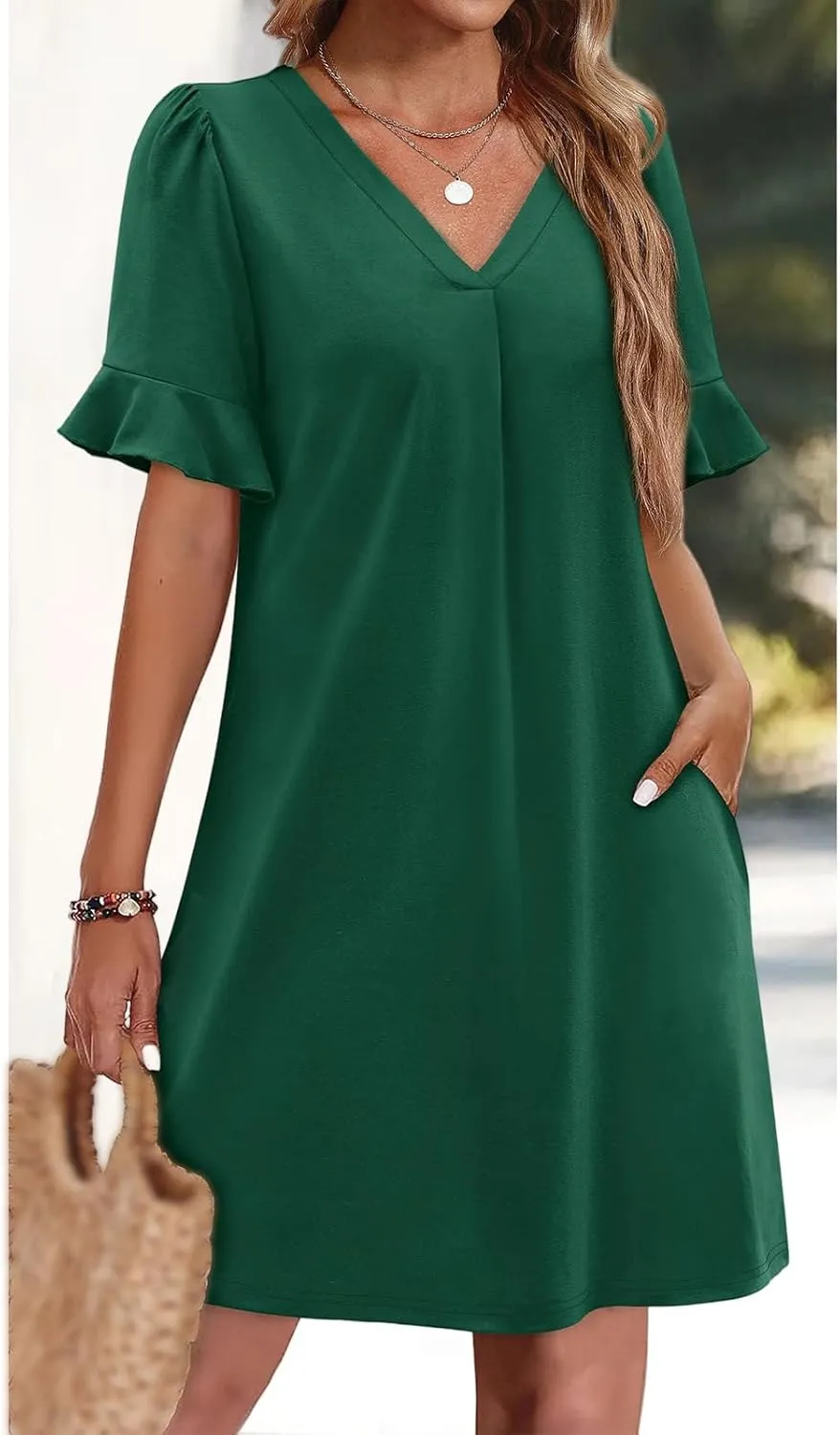 Summer Dresses for Women Ruffle Short Sleeve Dress Casual V Neck Shift Dress Work Beach Short Sundress with Pockets