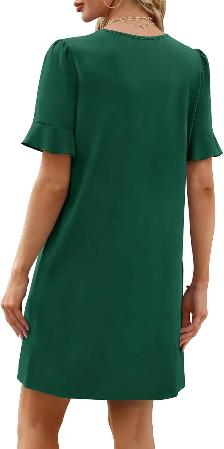 Summer Dresses for Women Ruffle Short Sleeve Dress Casual V Neck Shift Dress Work Beach Short Sundress with Pockets