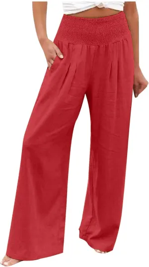 Summer Linen Pants Women Palazzo Pants Drawstring Elastic Waist Wide Leg Pants High Waist Lounge Pants Casual Trouser