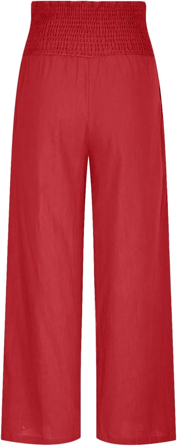 Summer Linen Pants Women Palazzo Pants Drawstring Elastic Waist Wide Leg Pants High Waist Lounge Pants Casual Trouser