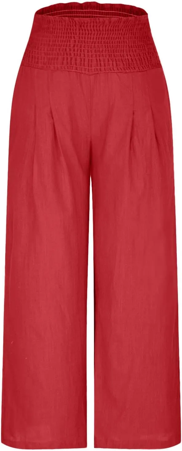 Summer Linen Pants Women Palazzo Pants Drawstring Elastic Waist Wide Leg Pants High Waist Lounge Pants Casual Trouser
