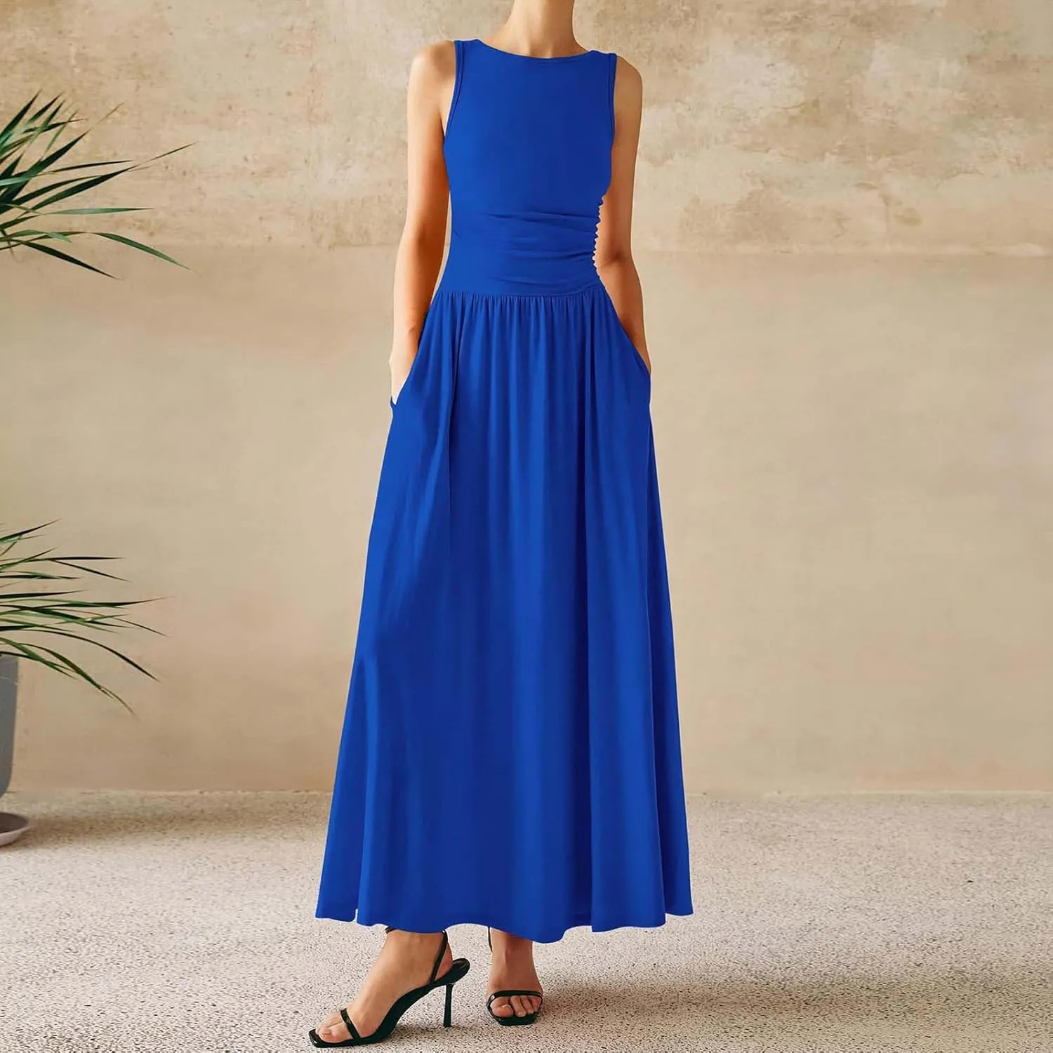 Summer Maxi Dresses for Women 2025 Sleeveless Formal Ruched High Waisted Long Sundress Flowy Beach Tank Dress Clothes