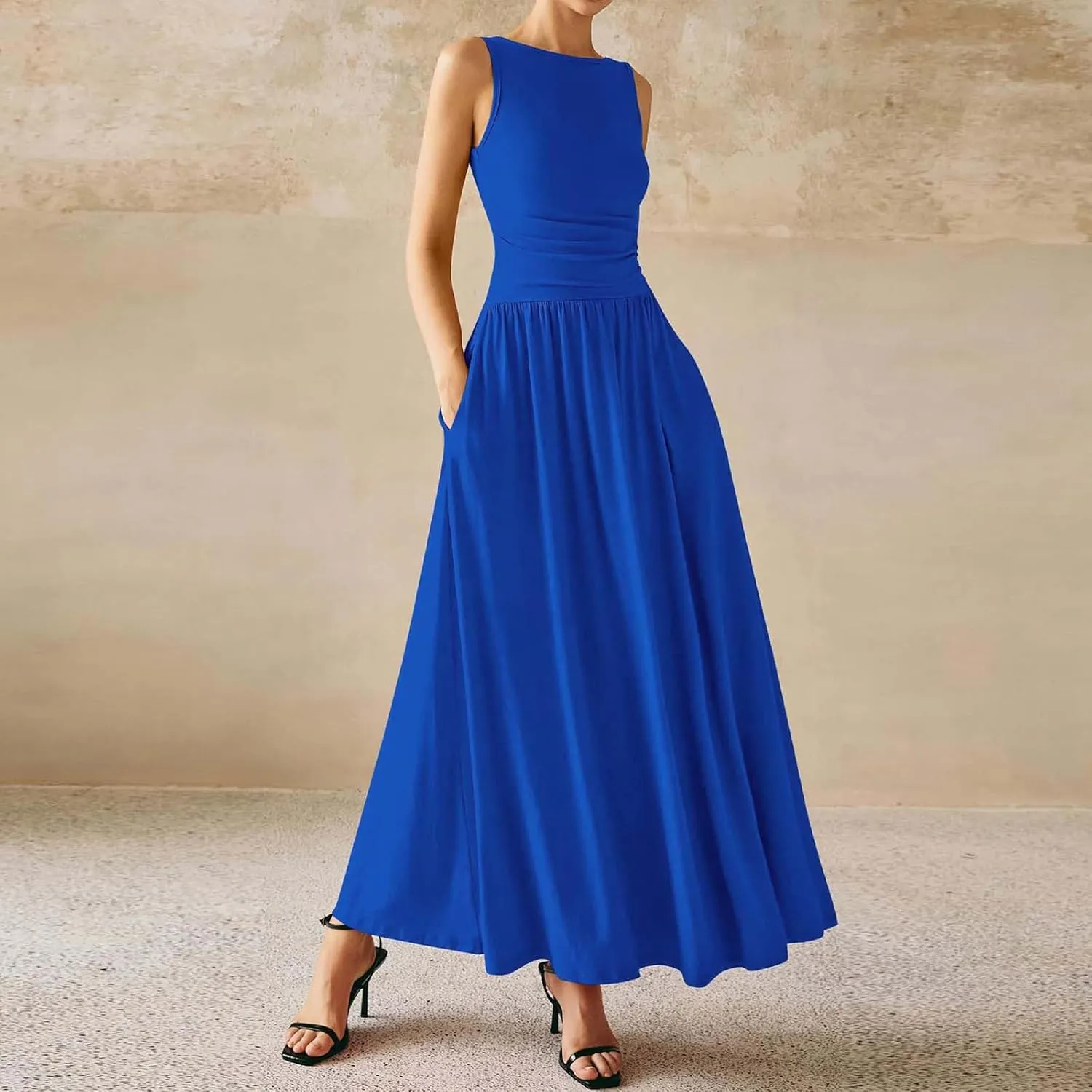 Summer Maxi Dresses for Women 2025 Sleeveless Formal Ruched High Waisted Long Sundress Flowy Beach Tank Dress Clothes