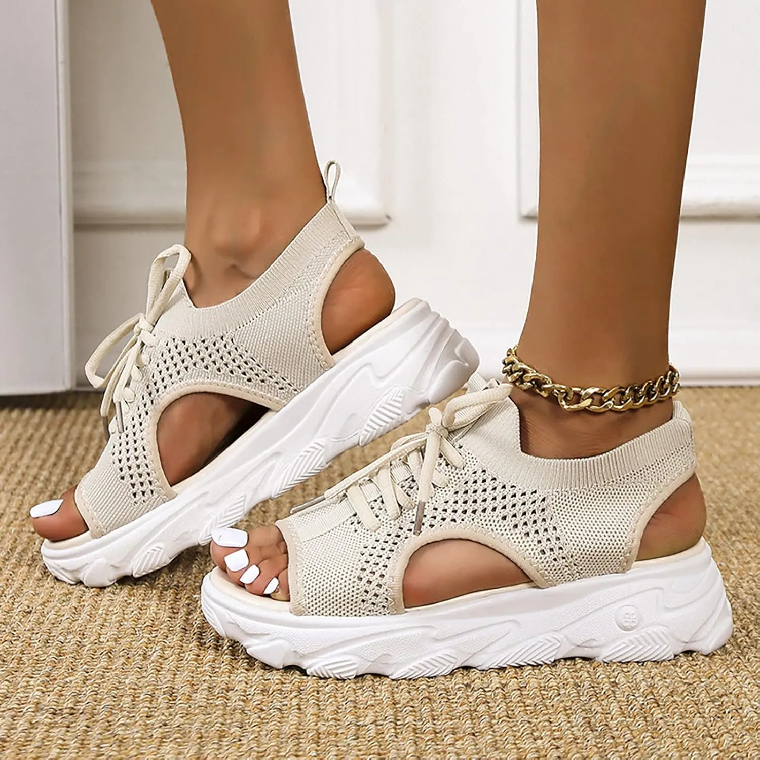 Summer New Thick Sole Mesh Sandals Fashion Casual Women Shoes Flat Bottom Hollow Out High Heeled Sandals