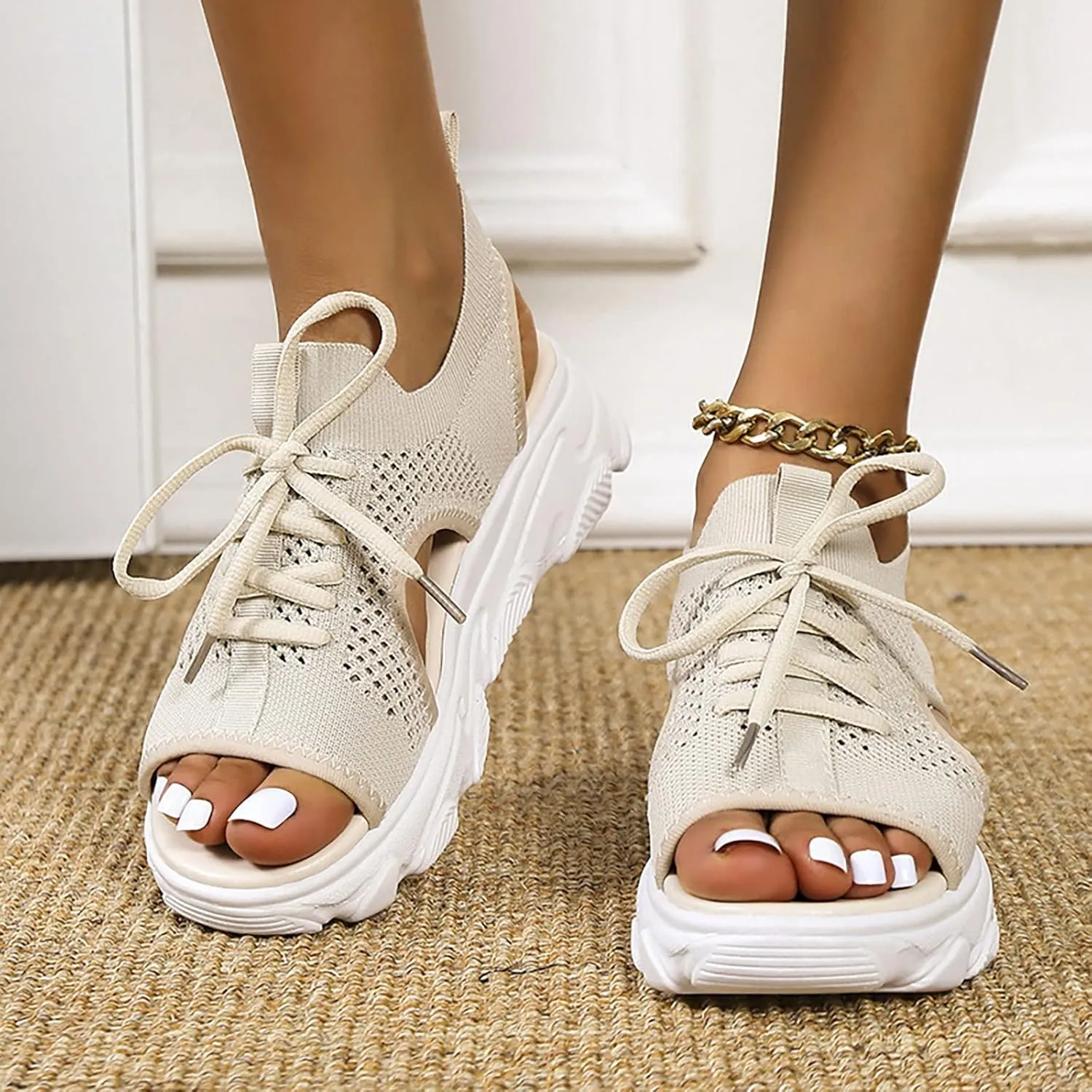 Summer New Thick Sole Mesh Sandals Fashion Casual Women Shoes Flat Bottom Hollow Out High Heeled Sandals