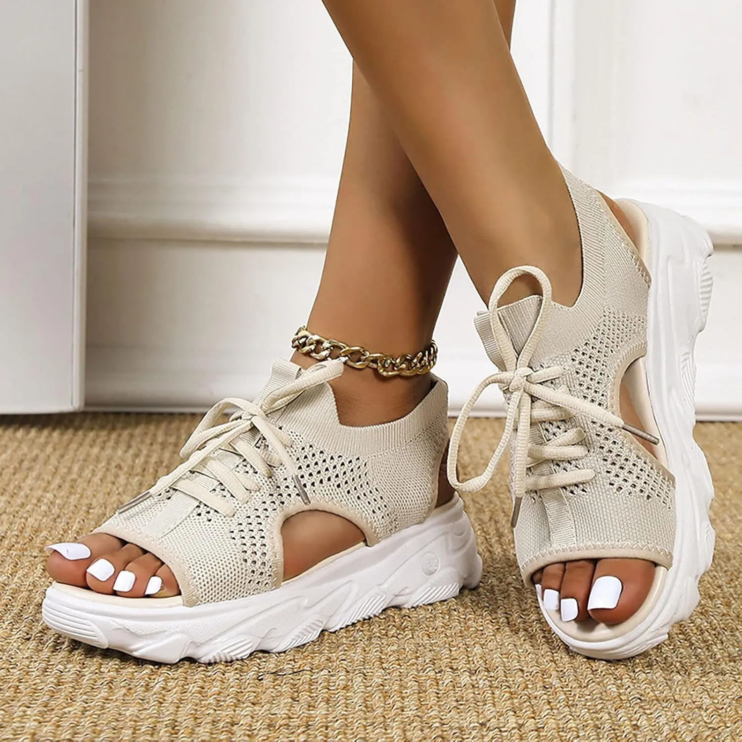 Summer New Thick Sole Mesh Sandals Fashion Casual Women Shoes Flat Bottom Hollow Out High Heeled Sandals
