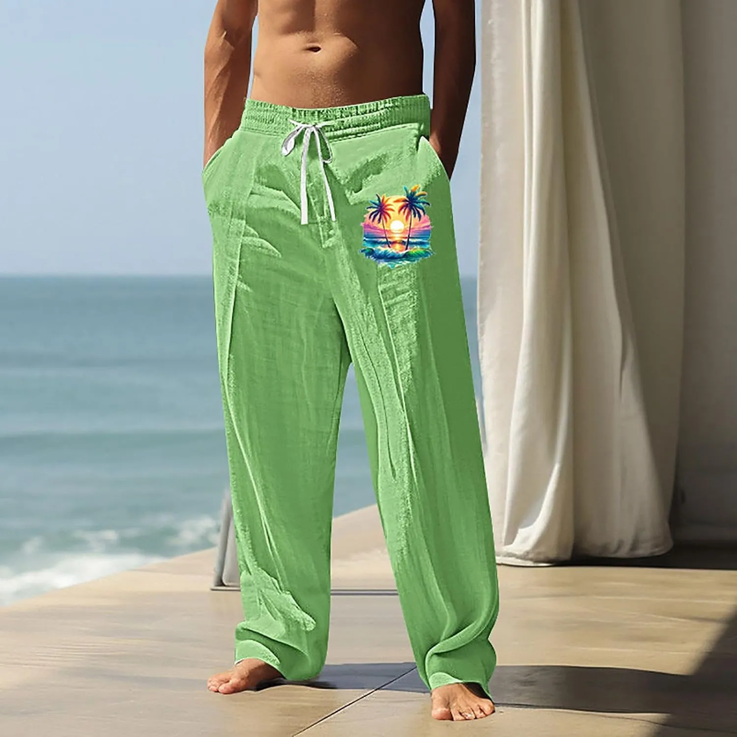 Summer Pants for Men Lightweight Relaxed Fit Trousers with Pockets Casual Wide Leg Vacation Beach Boho Pants