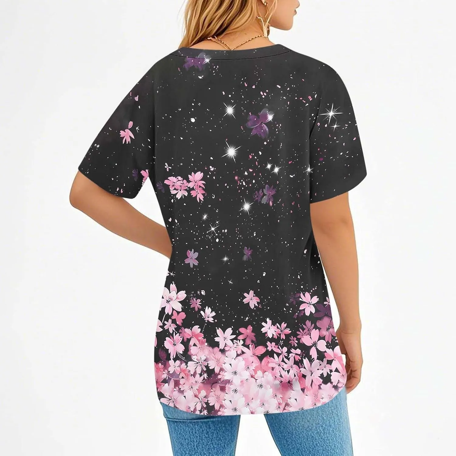 Summer Tops for Women 2025 Trendy V Neck Short Sleeve T Shirts Dressy Casual Blouses Cute Print Tees Vacation Outfits
