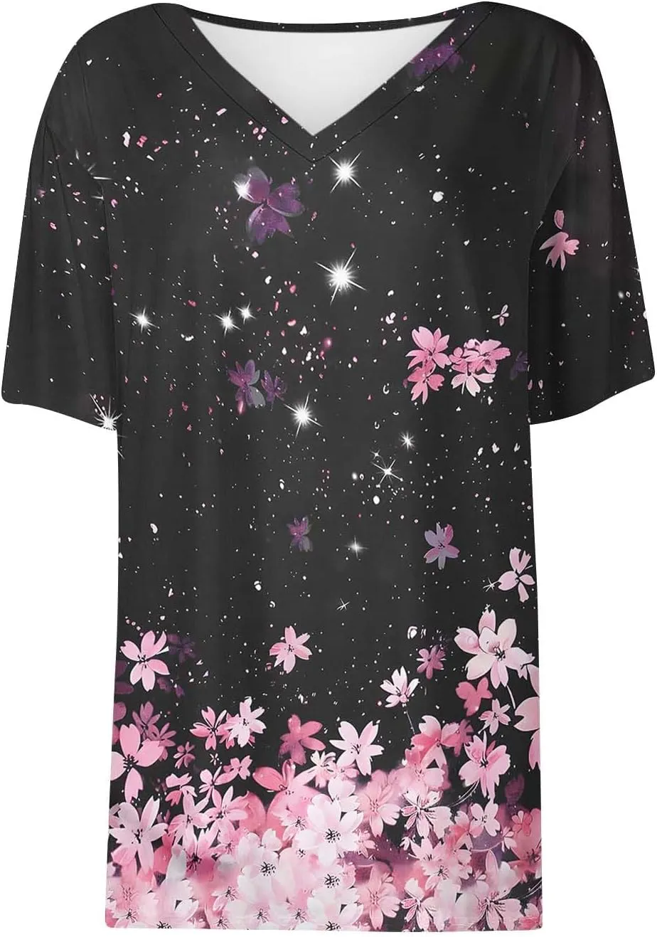 Summer Tops for Women 2025 Trendy V Neck Short Sleeve T Shirts Dressy Casual Blouses Cute Print Tees Vacation Outfits