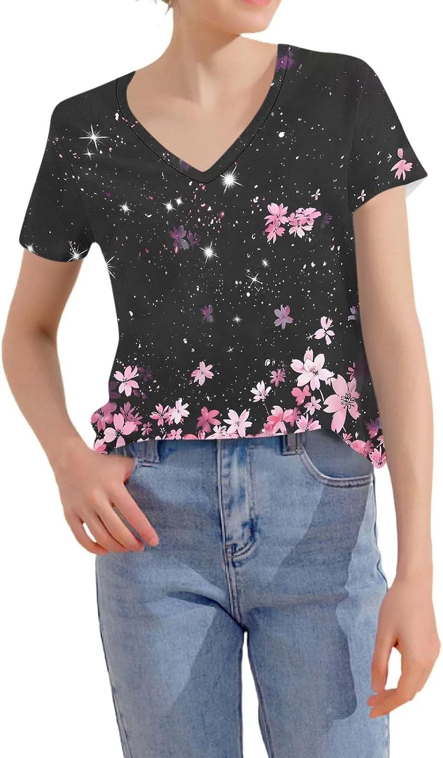 Summer Tops for Women 2025 Trendy V Neck Short Sleeve T Shirts Dressy Casual Blouses Cute Print Tees Vacation Outfits
