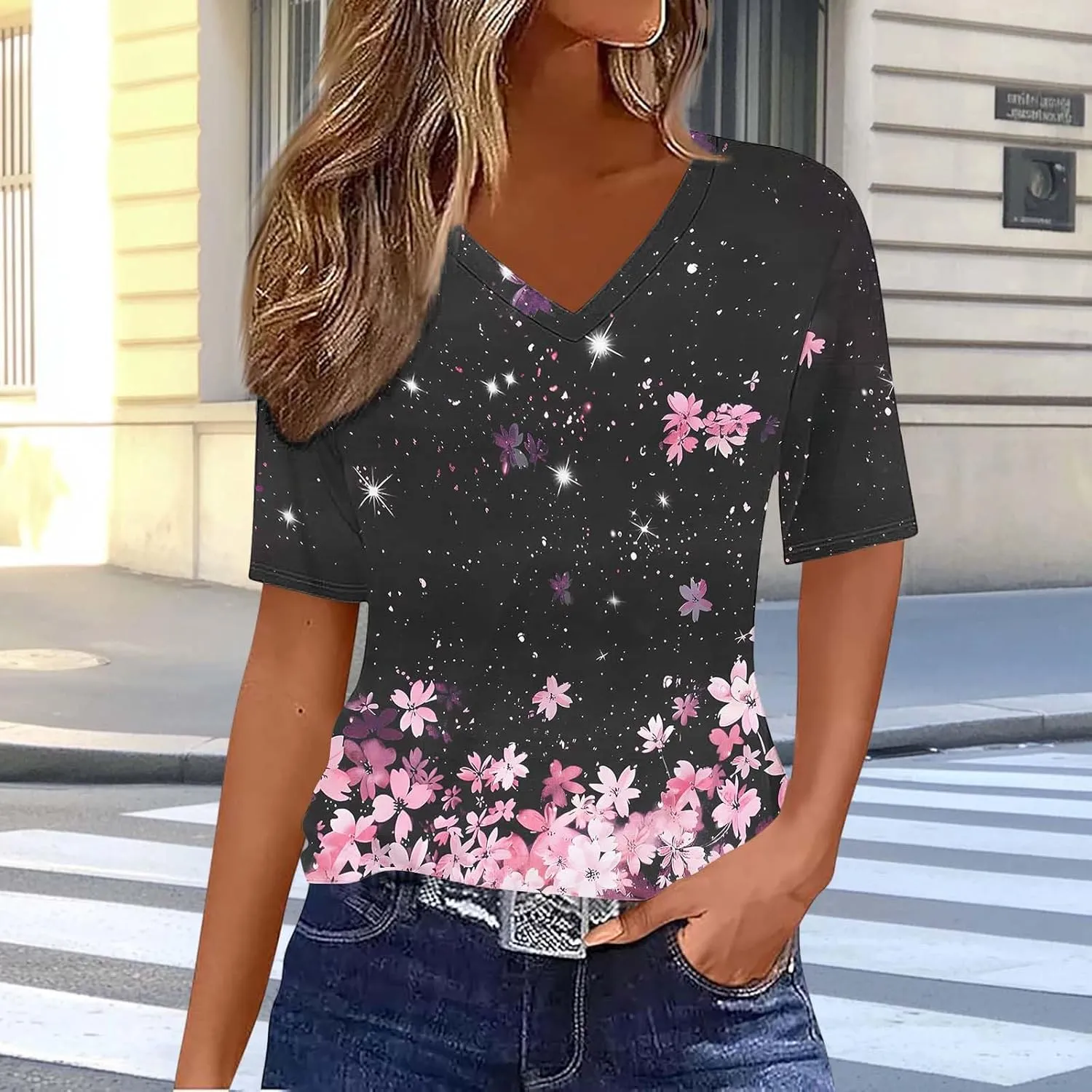 Summer Tops for Women 2025 Trendy V Neck Short Sleeve T Shirts Dressy Casual Blouses Cute Print Tees Vacation Outfits