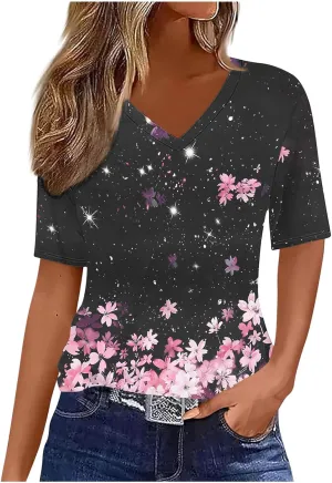 Summer Tops for Women 2025 Trendy V Neck Short Sleeve T Shirts Dressy Casual Blouses Cute Print Tees Vacation Outfits
