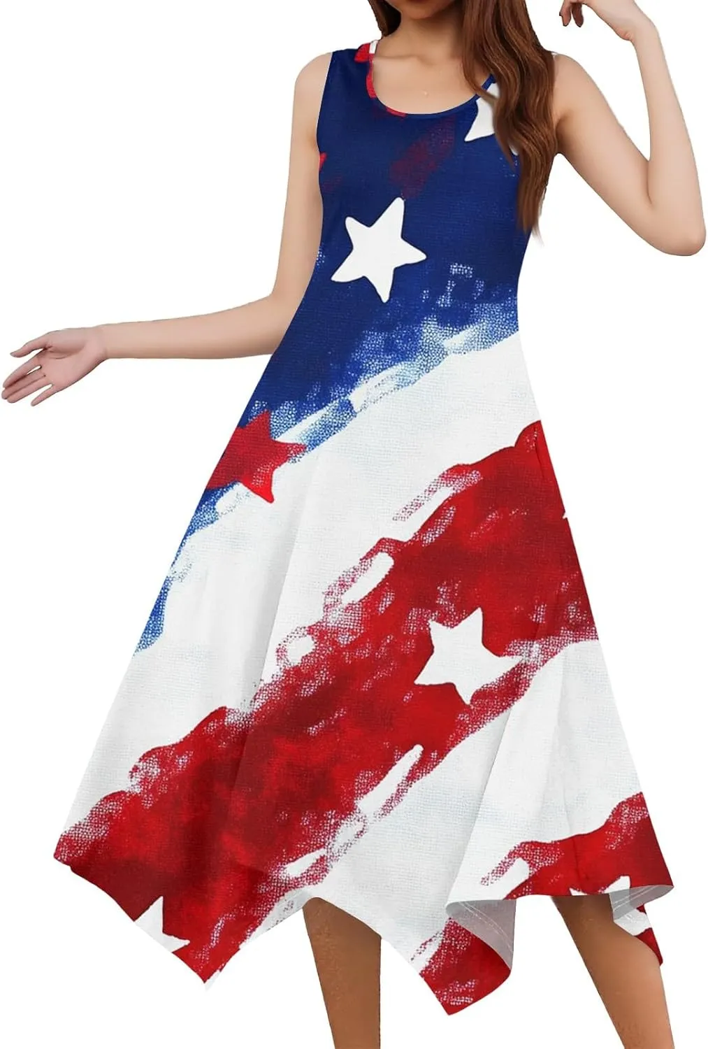 Sun Dresses for Women 2025 Vacation Summer Midi Sleeveless Irregular Hem Dress U-Neck Dresses A Line with Pockets