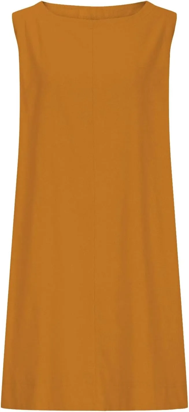 Sundresses for Women 2025 Solid Round Neck Sleeveless Tank Dress Casual Beach Vacation Cotton Linen Mini Dresses