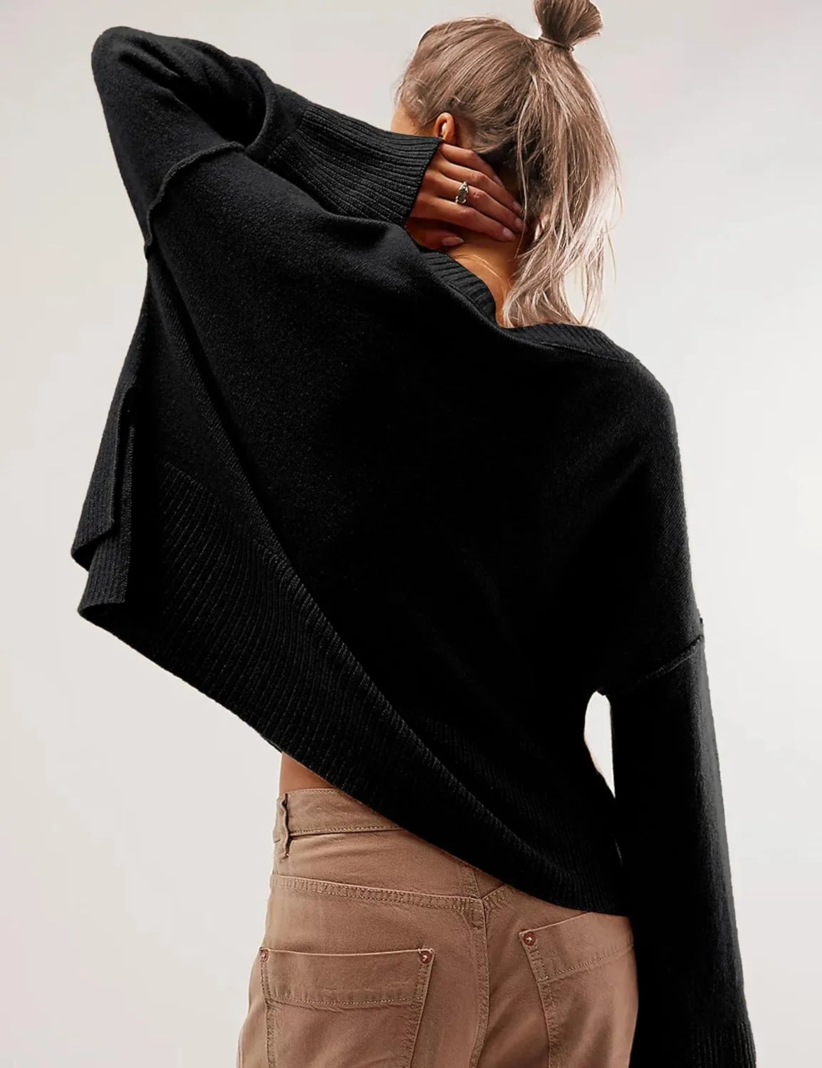 Sweaters for Women Bell Long Sleeve Crewneck Side Slit Fall Winter Casual Oversized Pullover Knit Sweater Top