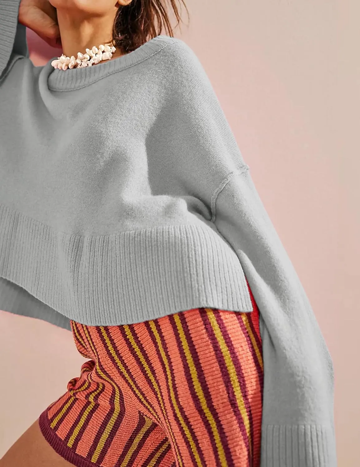 Sweaters for Women Bell Long Sleeve Crewneck Side Slit Fall Winter Casual Oversized Pullover Knit Sweater Top