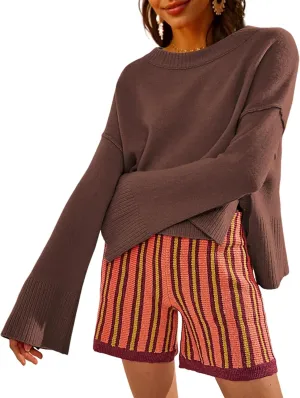 Sweaters for Women Bell Long Sleeve Crewneck Side Slit Fall Winter Casual Oversized Pullover Knit Sweater Top