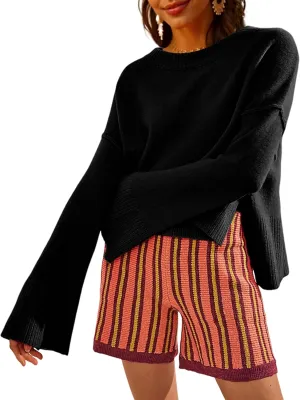Sweaters for Women Bell Long Sleeve Crewneck Side Slit Fall Winter Casual Oversized Pullover Knit Sweater Top