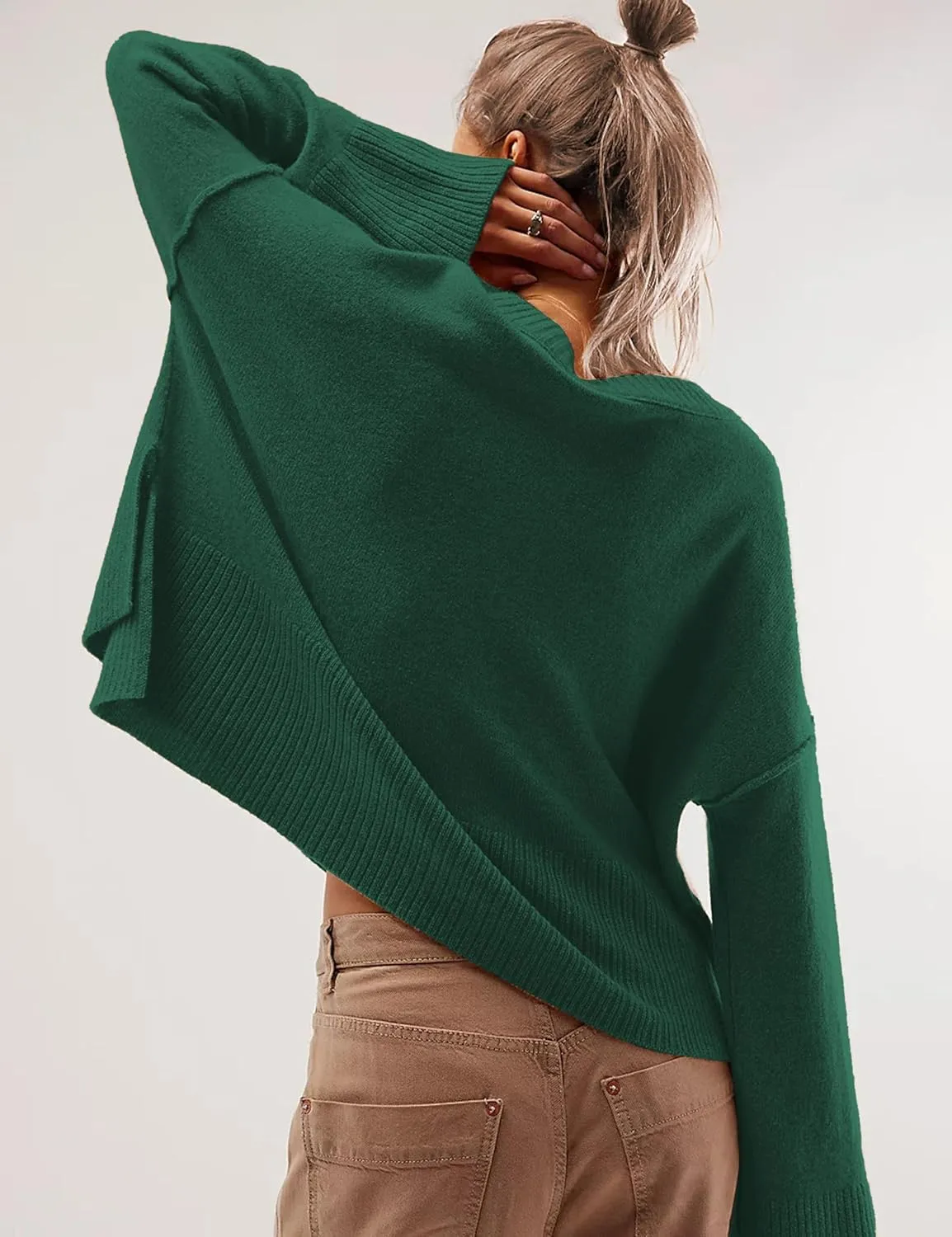 Sweaters for Women Bell Long Sleeve Crewneck Side Slit Fall Winter Casual Oversized Pullover Knit Sweater Top