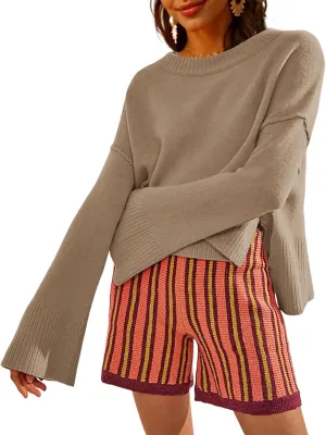 Sweaters for Women Bell Long Sleeve Crewneck Side Slit Fall Winter Casual Oversized Pullover Knit Sweater Top