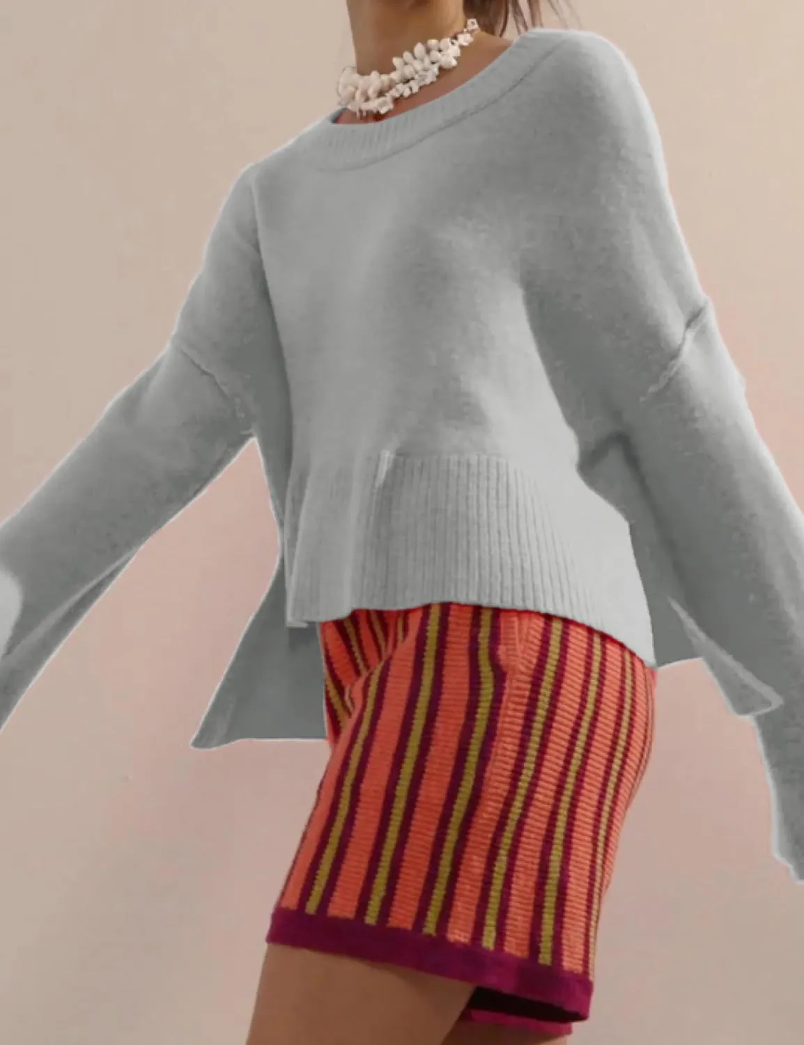 Sweaters for Women Bell Long Sleeve Crewneck Side Slit Fall Winter Casual Oversized Pullover Knit Sweater Top