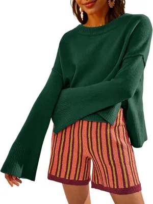 Sweaters for Women Bell Long Sleeve Crewneck Side Slit Fall Winter Casual Oversized Pullover Knit Sweater Top