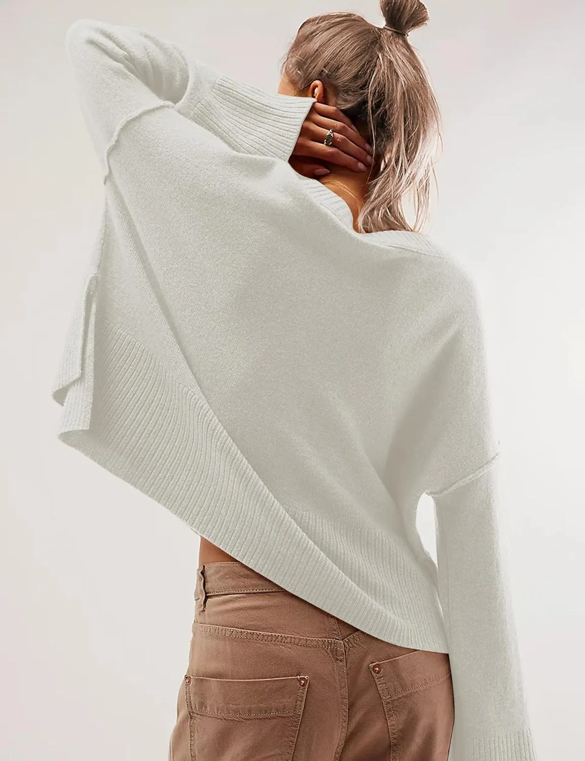 Sweaters for Women Bell Long Sleeve Crewneck Side Slit Fall Winter Casual Oversized Pullover Knit Sweater Top