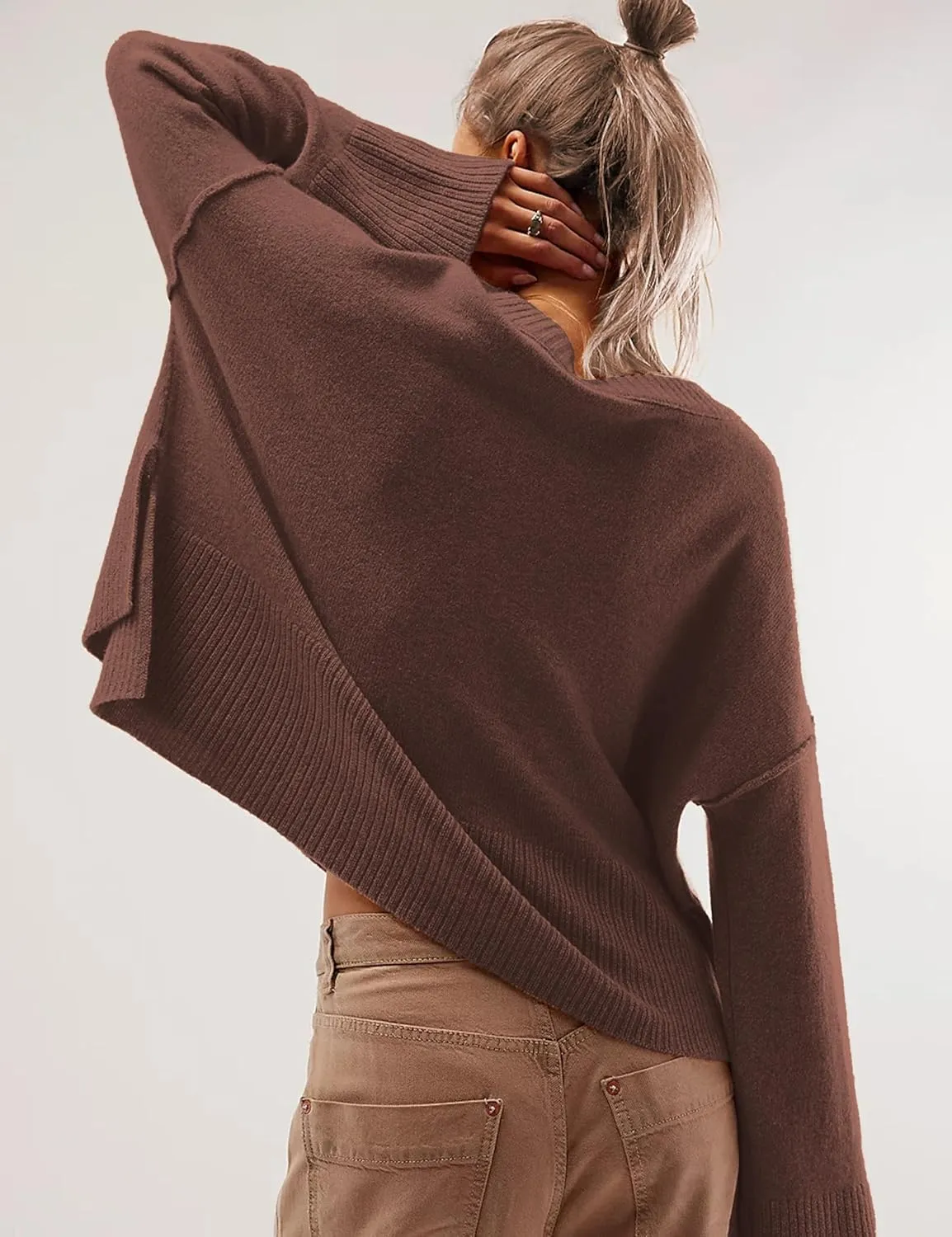 Sweaters for Women Bell Long Sleeve Crewneck Side Slit Fall Winter Casual Oversized Pullover Knit Sweater Top