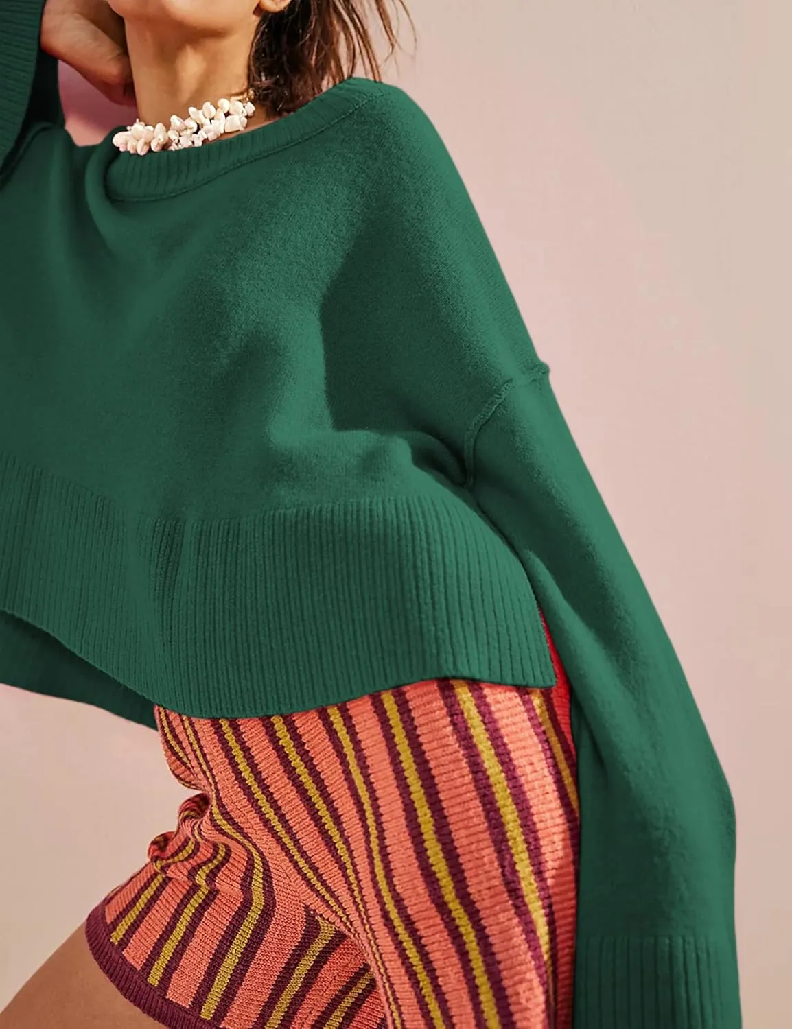 Sweaters for Women Bell Long Sleeve Crewneck Side Slit Fall Winter Casual Oversized Pullover Knit Sweater Top