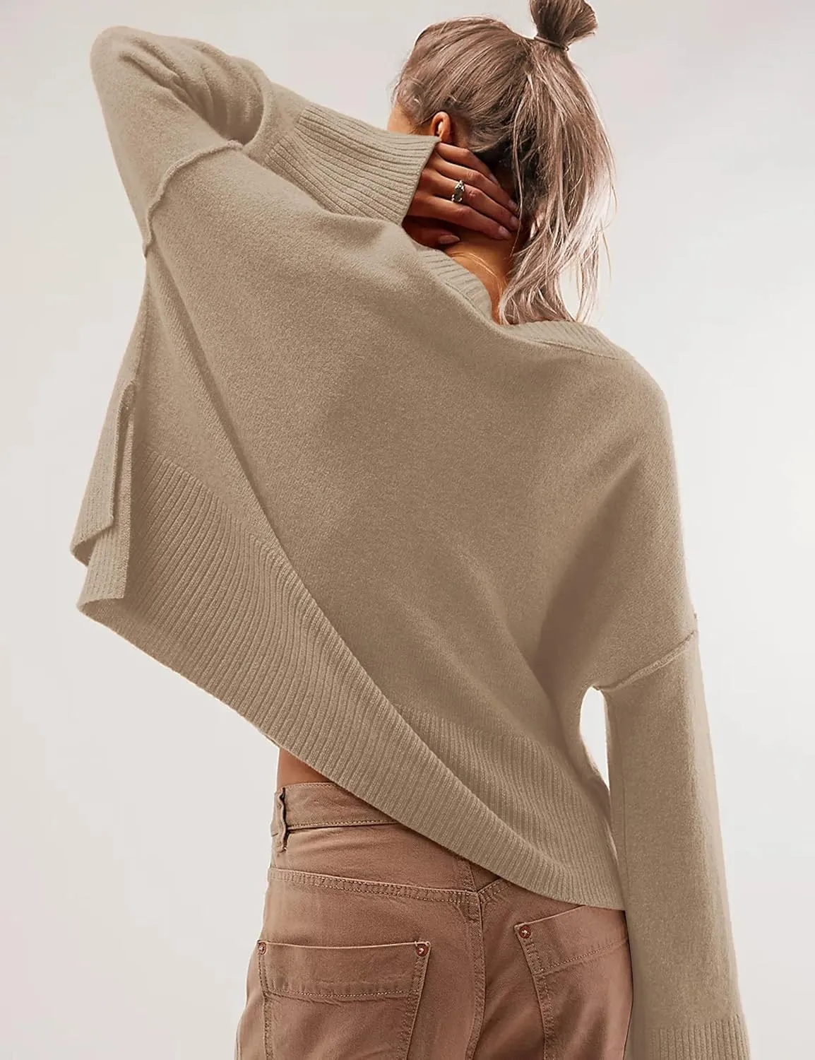 Sweaters for Women Bell Long Sleeve Crewneck Side Slit Fall Winter Casual Oversized Pullover Knit Sweater Top