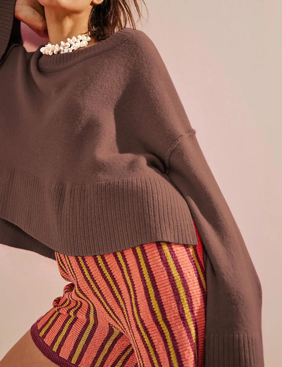 Sweaters for Women Bell Long Sleeve Crewneck Side Slit Fall Winter Casual Oversized Pullover Knit Sweater Top