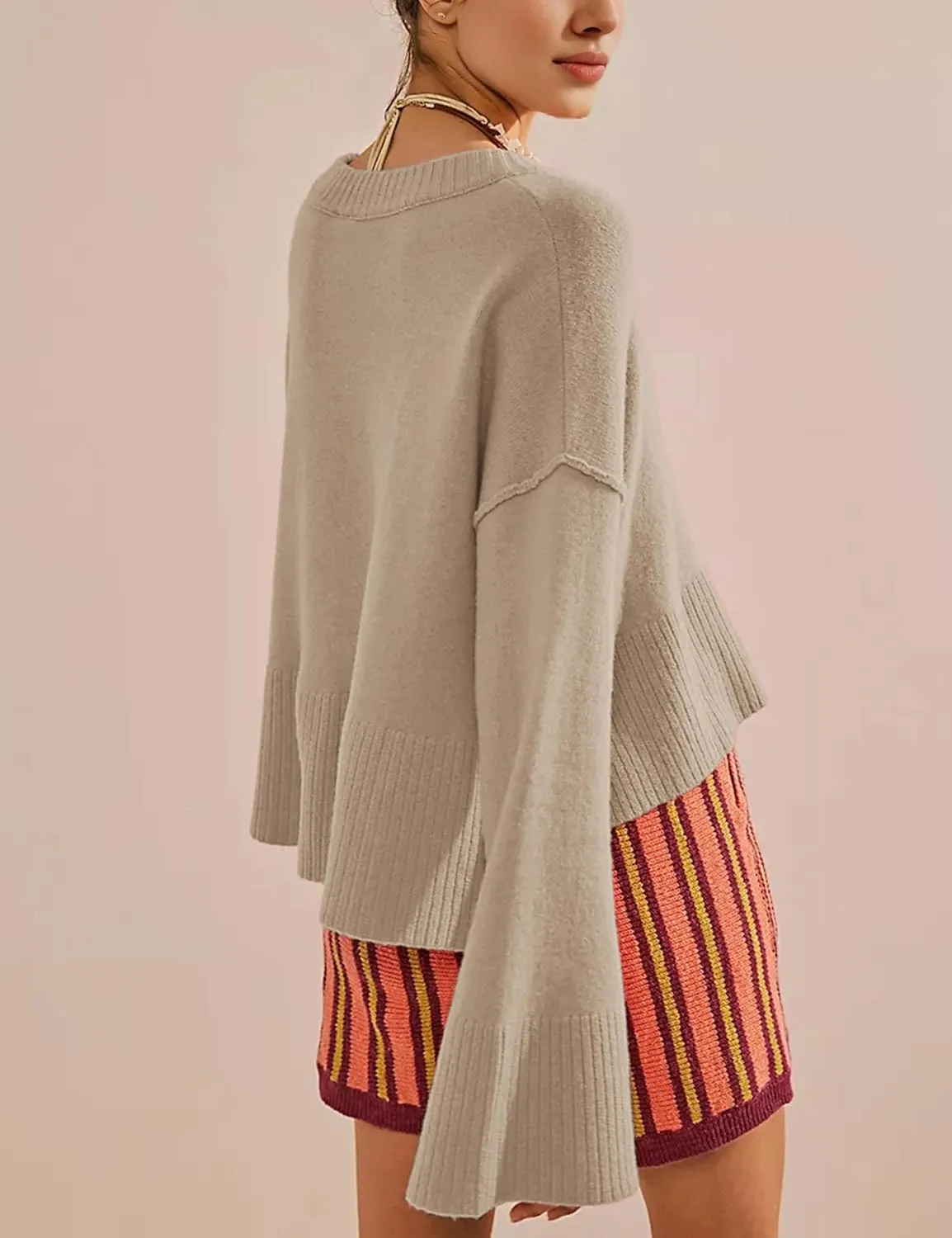 Sweaters for Women Bell Long Sleeve Crewneck Side Slit Fall Winter Casual Oversized Pullover Knit Sweater Top