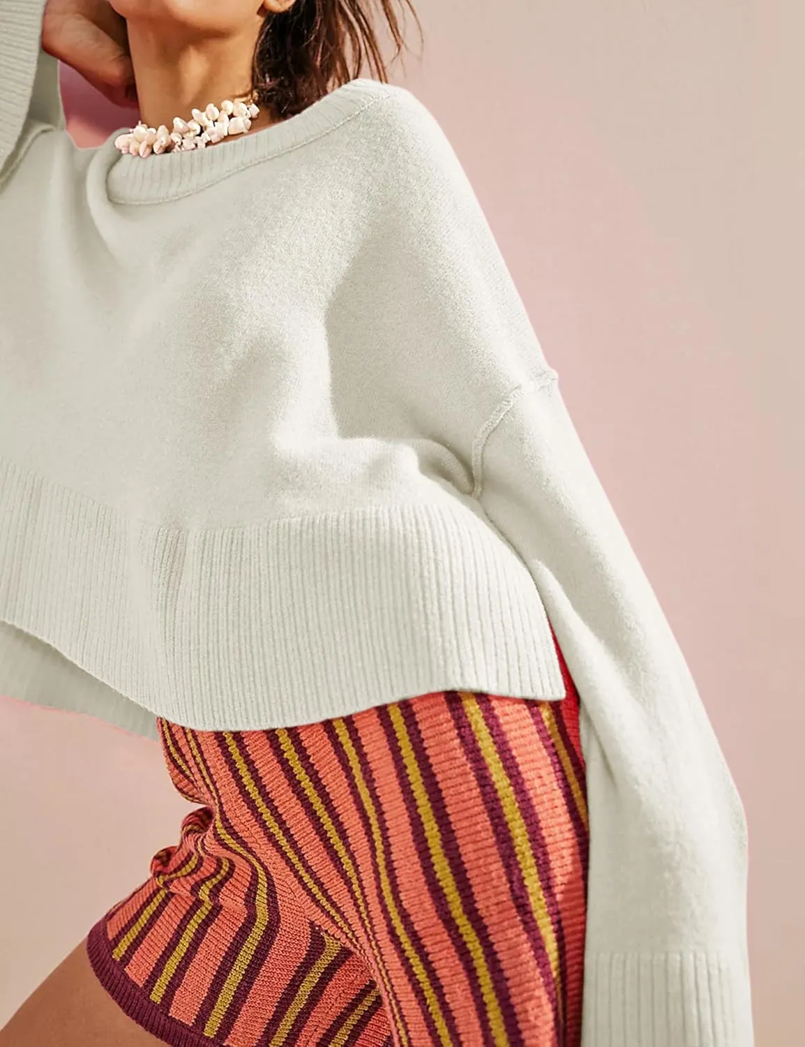 Sweaters for Women Bell Long Sleeve Crewneck Side Slit Fall Winter Casual Oversized Pullover Knit Sweater Top