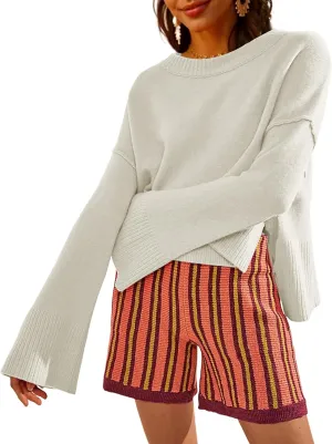 Sweaters for Women Bell Long Sleeve Crewneck Side Slit Fall Winter Casual Oversized Pullover Knit Sweater Top