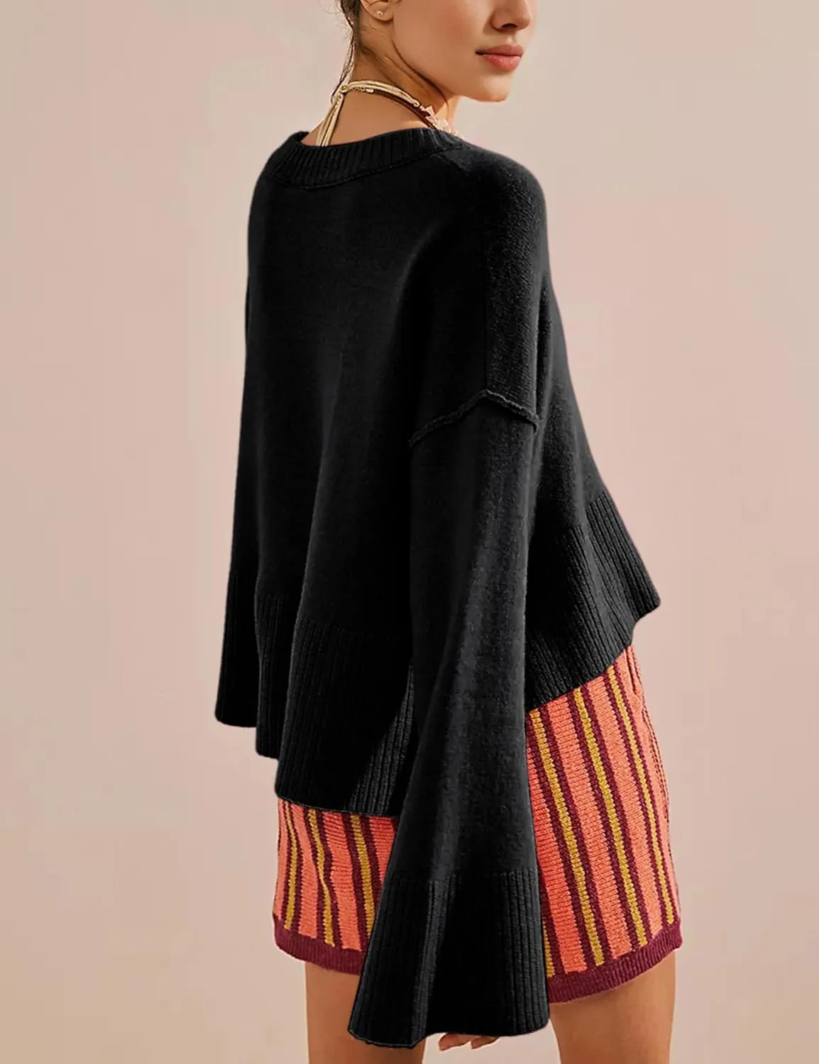 Sweaters for Women Bell Long Sleeve Crewneck Side Slit Fall Winter Casual Oversized Pullover Knit Sweater Top