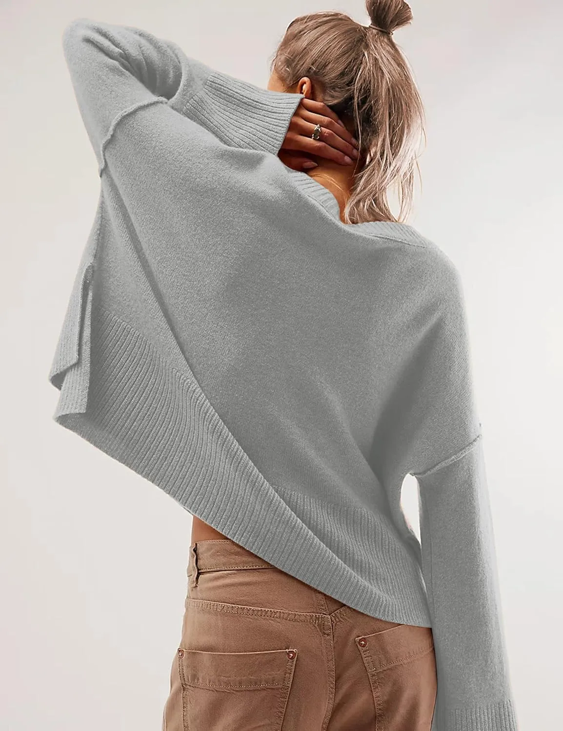 Sweaters for Women Bell Long Sleeve Crewneck Side Slit Fall Winter Casual Oversized Pullover Knit Sweater Top