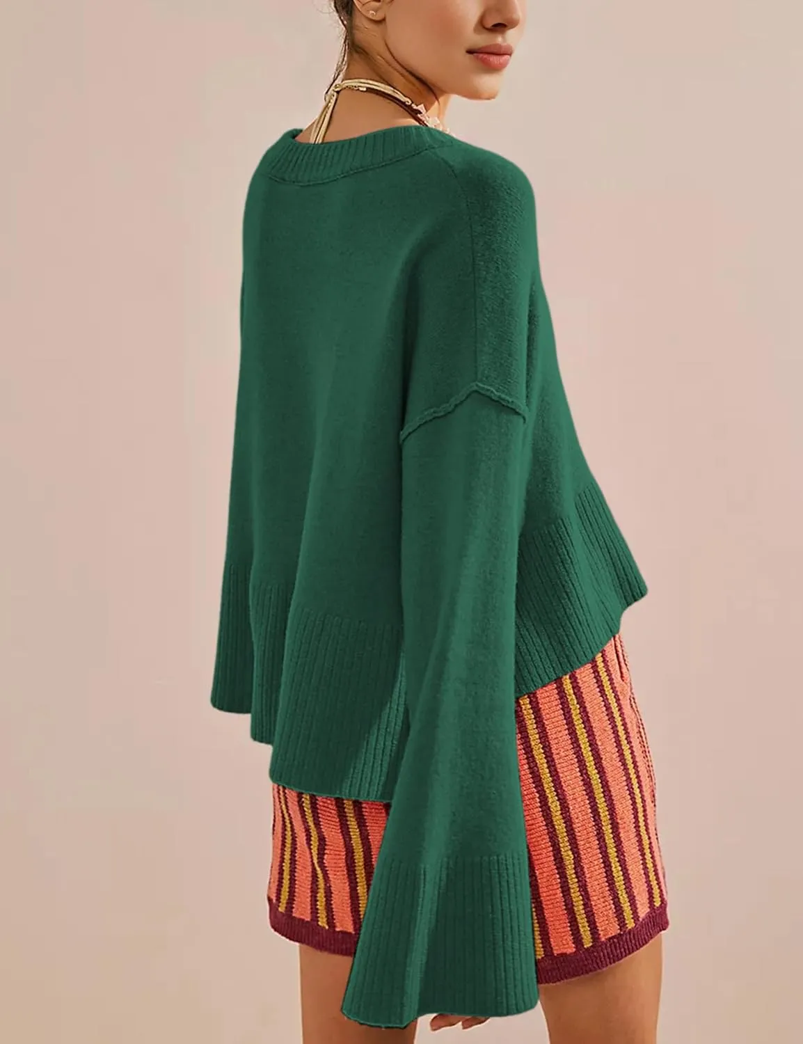 Sweaters for Women Bell Long Sleeve Crewneck Side Slit Fall Winter Casual Oversized Pullover Knit Sweater Top