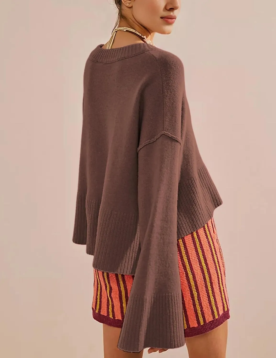 Sweaters for Women Bell Long Sleeve Crewneck Side Slit Fall Winter Casual Oversized Pullover Knit Sweater Top