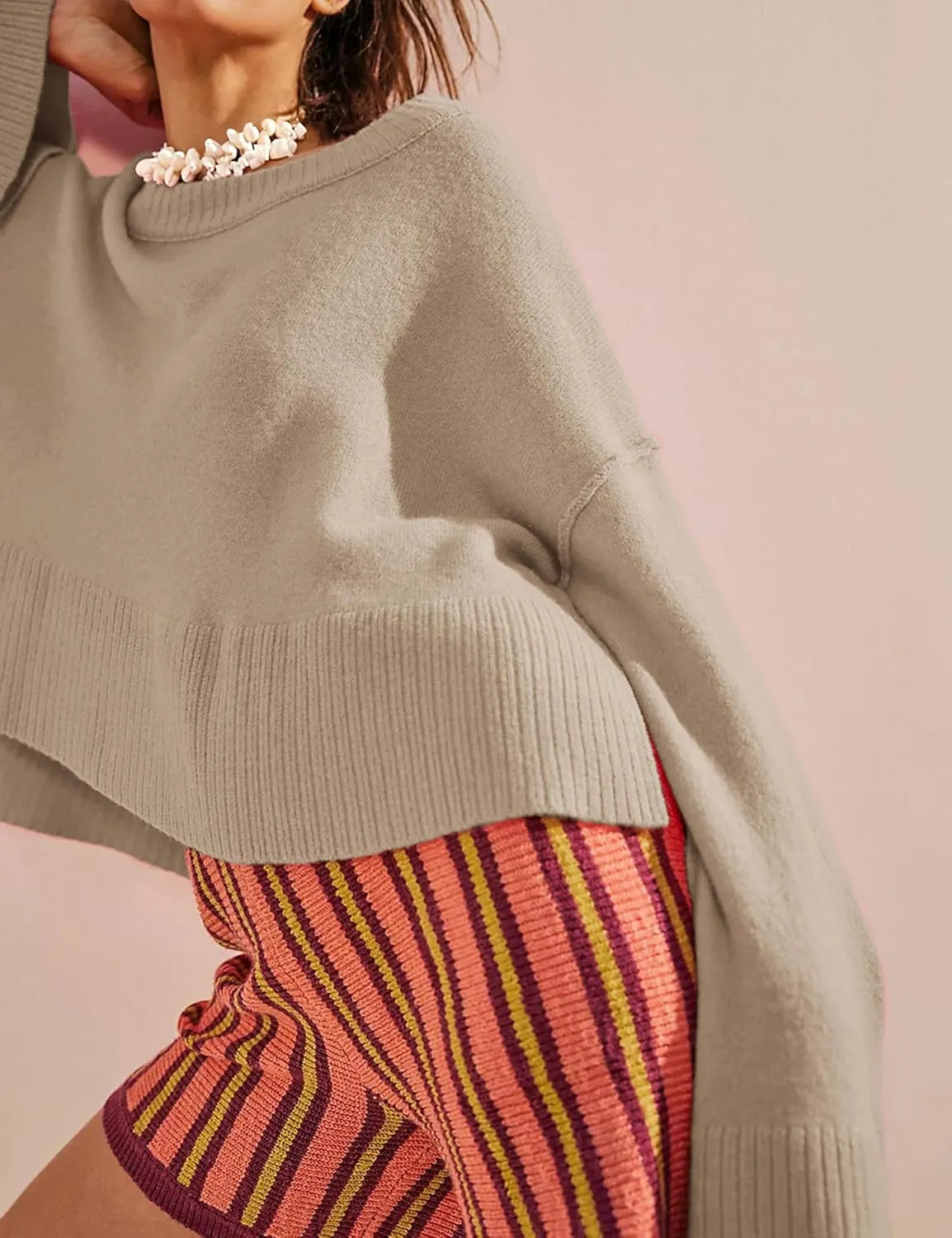 Sweaters for Women Bell Long Sleeve Crewneck Side Slit Fall Winter Casual Oversized Pullover Knit Sweater Top