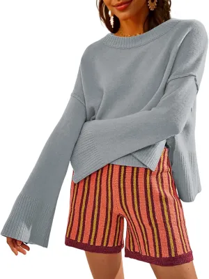 Sweaters for Women Bell Long Sleeve Crewneck Side Slit Fall Winter Casual Oversized Pullover Knit Sweater Top