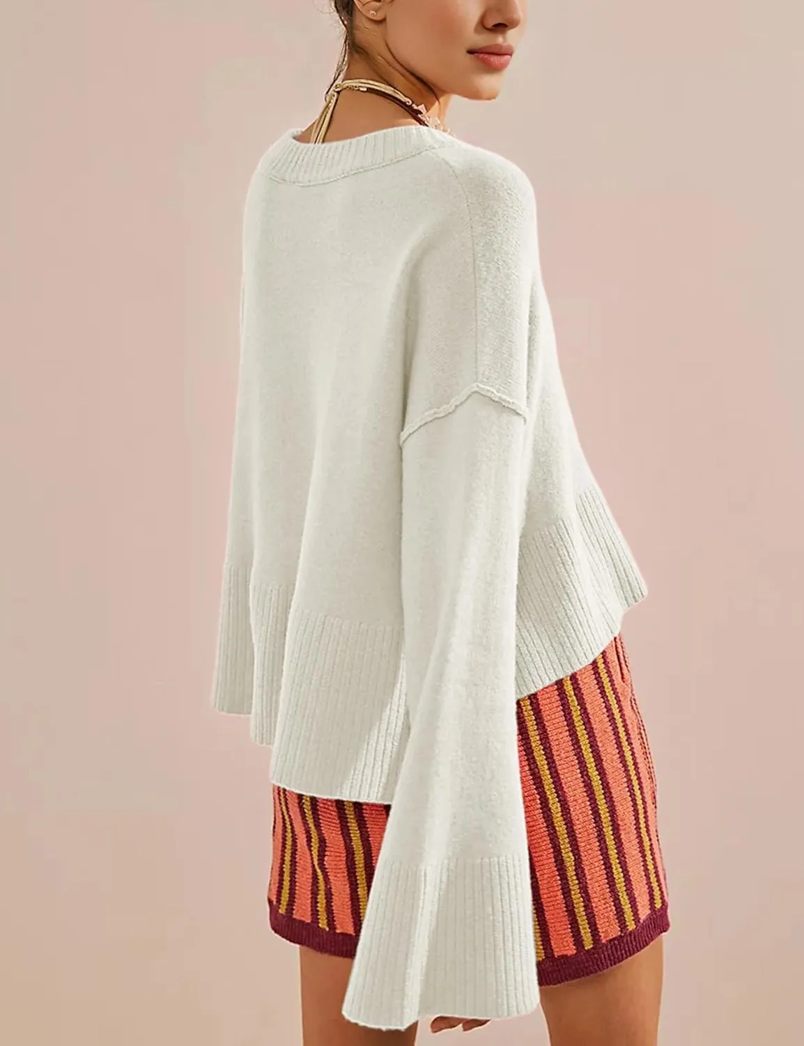 Sweaters for Women Bell Long Sleeve Crewneck Side Slit Fall Winter Casual Oversized Pullover Knit Sweater Top
