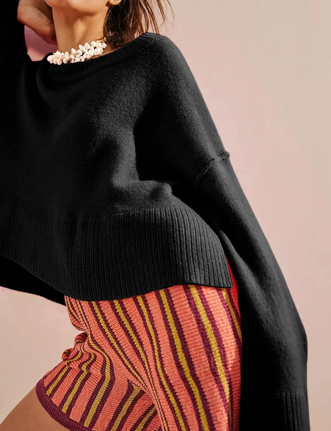 Sweaters for Women Bell Long Sleeve Crewneck Side Slit Fall Winter Casual Oversized Pullover Knit Sweater Top