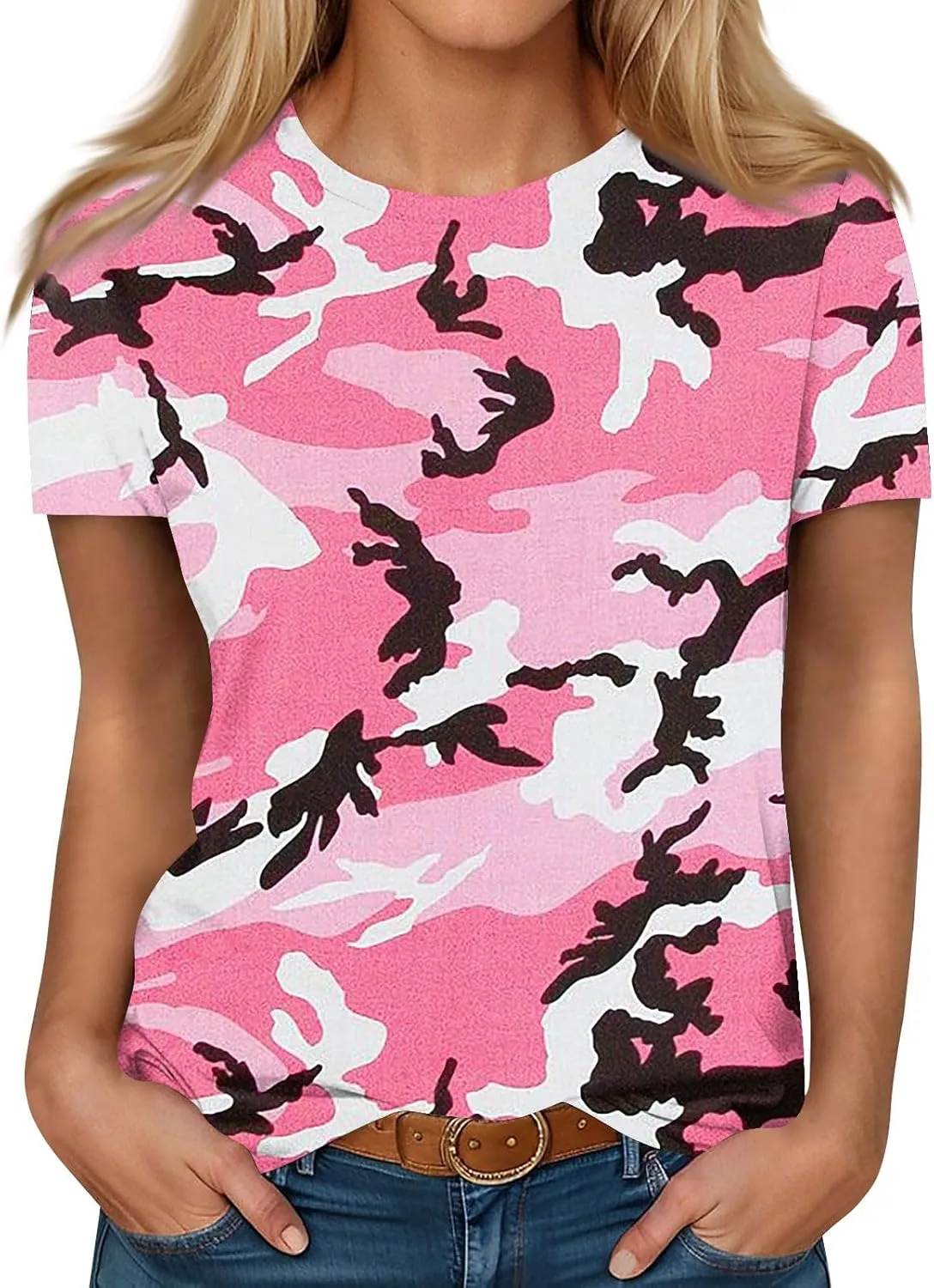 T Shirts for Women Camouflage Print Cute Going Out Tops Short Sleeve Crew Neck Shirts Blouses Casual Clothes Trendy S-5xl