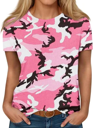 T Shirts for Women Camouflage Print Cute Going Out Tops Short Sleeve Crew Neck Shirts Blouses Casual Clothes Trendy S-5xl